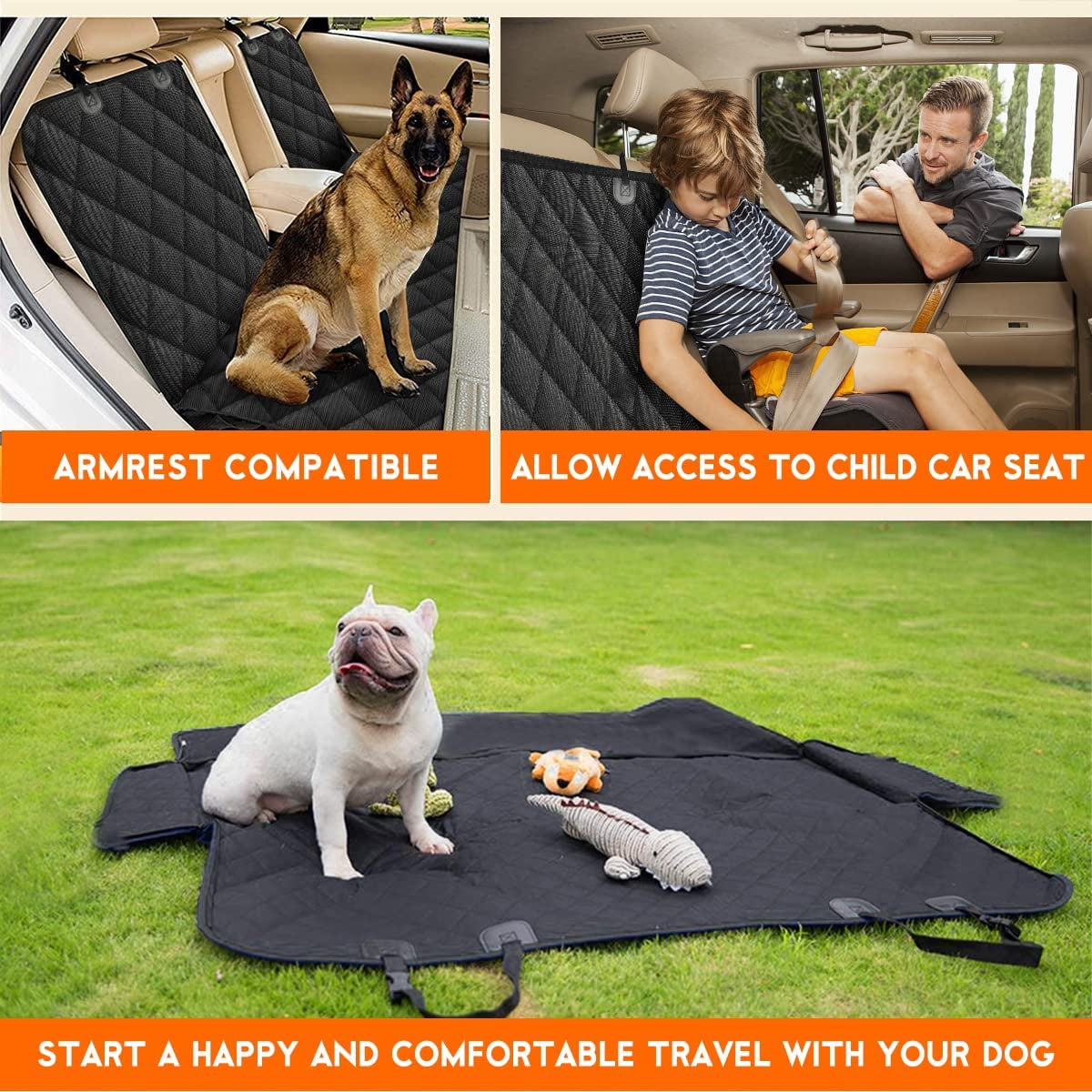Ultimate Waterproof Dog Car Seat Cover - Non-Slip Protector for Back Seats of Cars, Trucks, and SUVs - Adjustable with Seat Belts - Perfect for Pets and Kids - Black