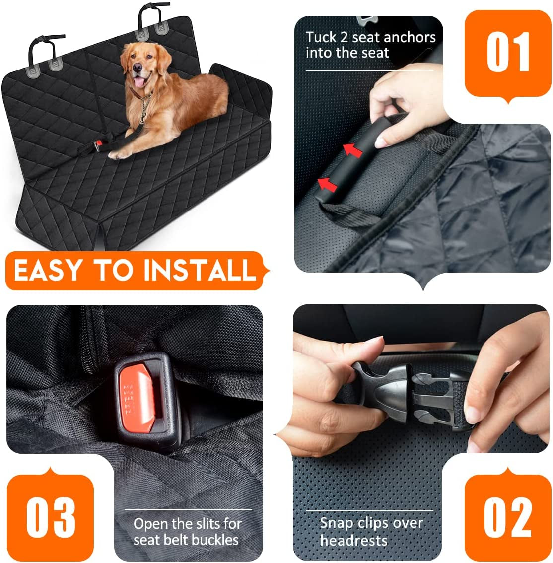 Ultimate Waterproof Dog Car Seat Cover - Non-Slip Protector for Back Seats of Cars, Trucks, and SUVs - Adjustable with Seat Belts - Perfect for Pets and Kids - Black